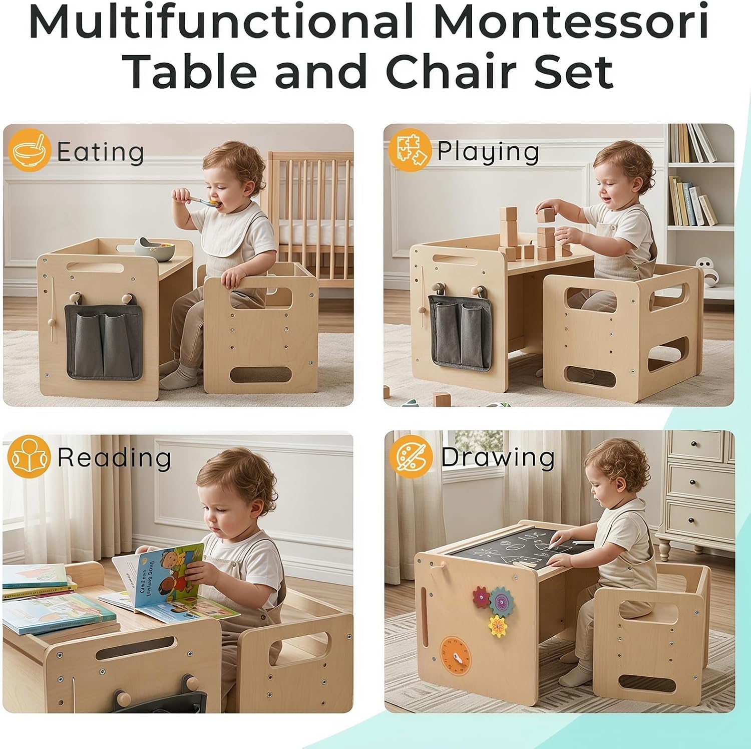 Montessori Weaning Table and Chair Set,Toddler Table and Chair Set, Wooden Kids Activity Toddler Table and Chair with Adjustable Height, for Eating, Reading, Drawing, Step Stool (Plywood)