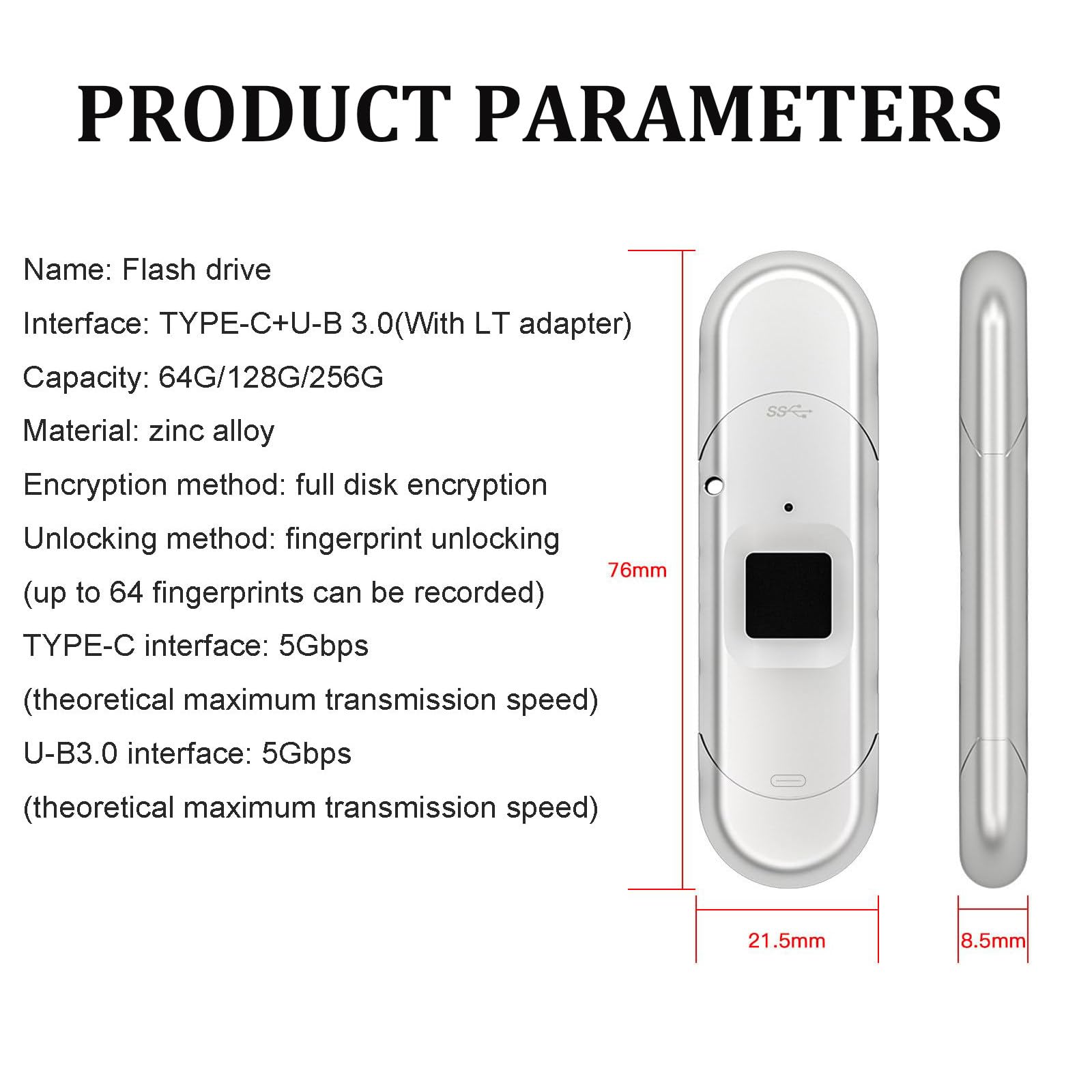 Chiavetta USB 3.0 Con Impronta Digitale, Unità USB Da 64 Gb/128 Gb/256 Gb/512 Gb per iPhone 15/iPad/Android/Windows/Mac, Memory Stick Con 60 Id Di Impronte Digitali Consentiti 64GB
