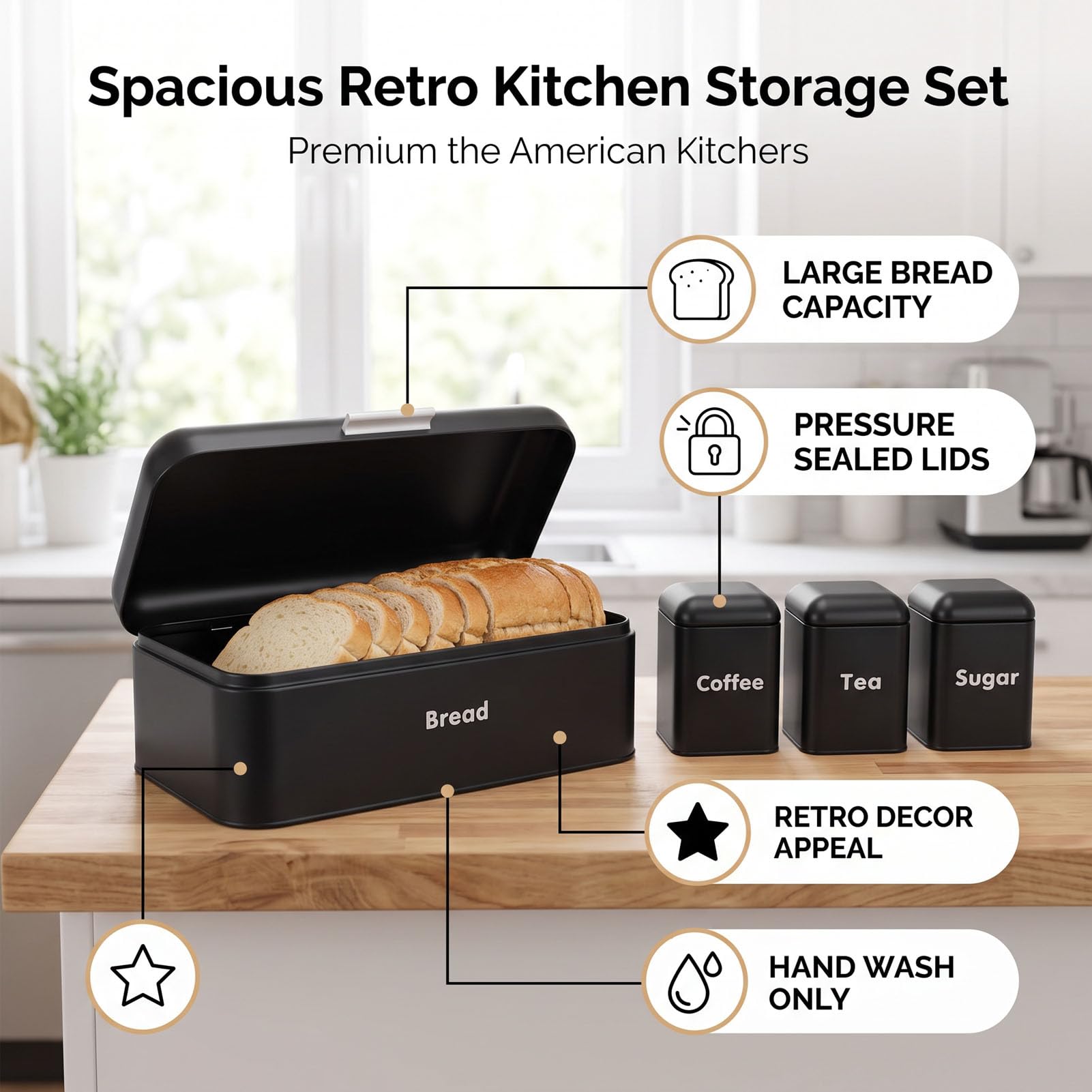 Pssopp Juego de Caja para Pan, 16,54 Pulgadas, Tapa Sellada, Negro Retro