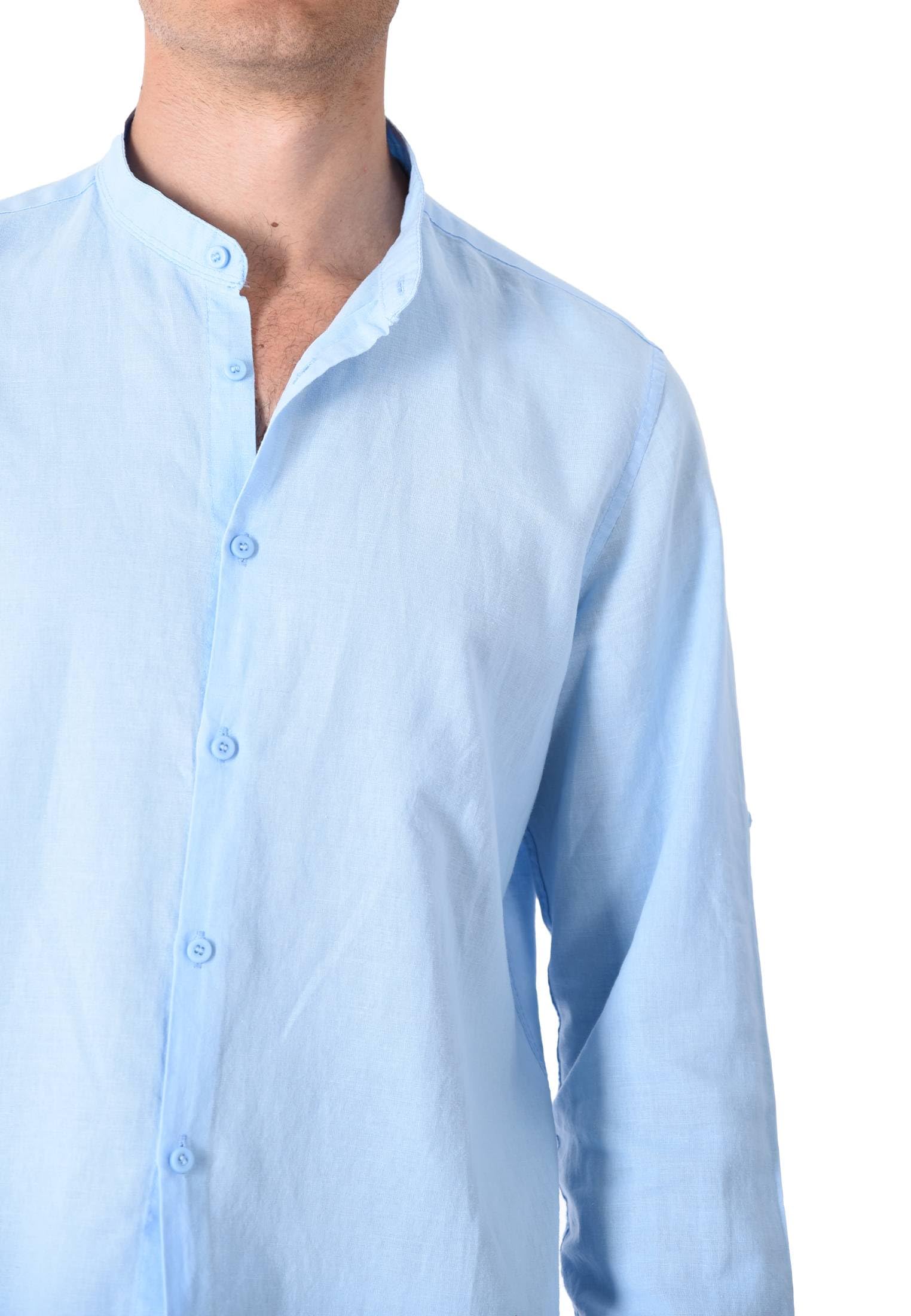 Camisa de hombre 100% lino cuello coreano blanco azul beige celeste negro rosa verde manga larga verano Slim Fit Serafino Sartorial Mangas revolables azul celeste M