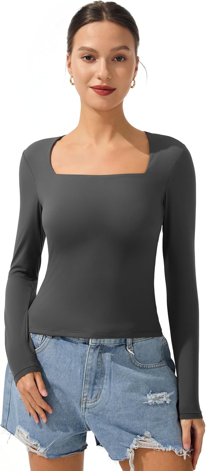 AFITNE Long Sleeve Shirts for Women Square Neck Slim Fit Stretchy Casual T-Shirts Going Out Tops Basic Outfits - Image 5