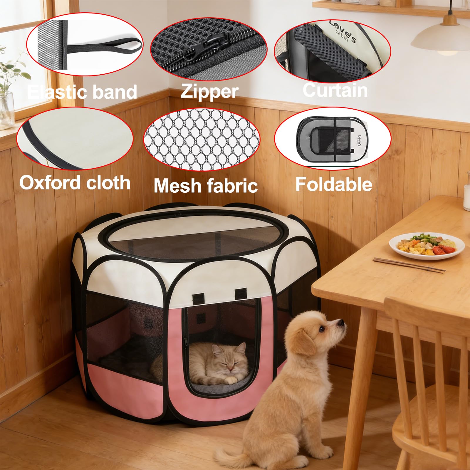 Recinto per Cani da Interno, 74x74x43cm Gabbia per Gatti recinto per conigli da interno kennel cane piccolo Box Pieghevole per Cane, Gabbia per Gatto Esterno (rosa + bianco crema, 74x74x43cm)