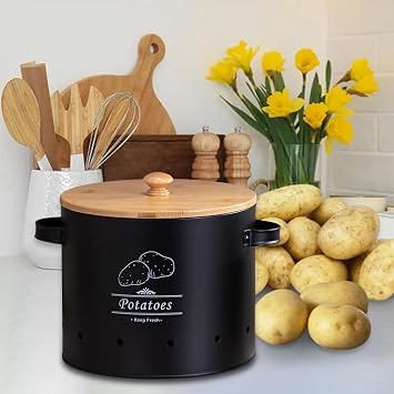Potato Storage Tin Vegetables Storage Bin, Kitchen Organizer Kitchen Canister, Food Storage Container for Countertop Pantry, Black Large