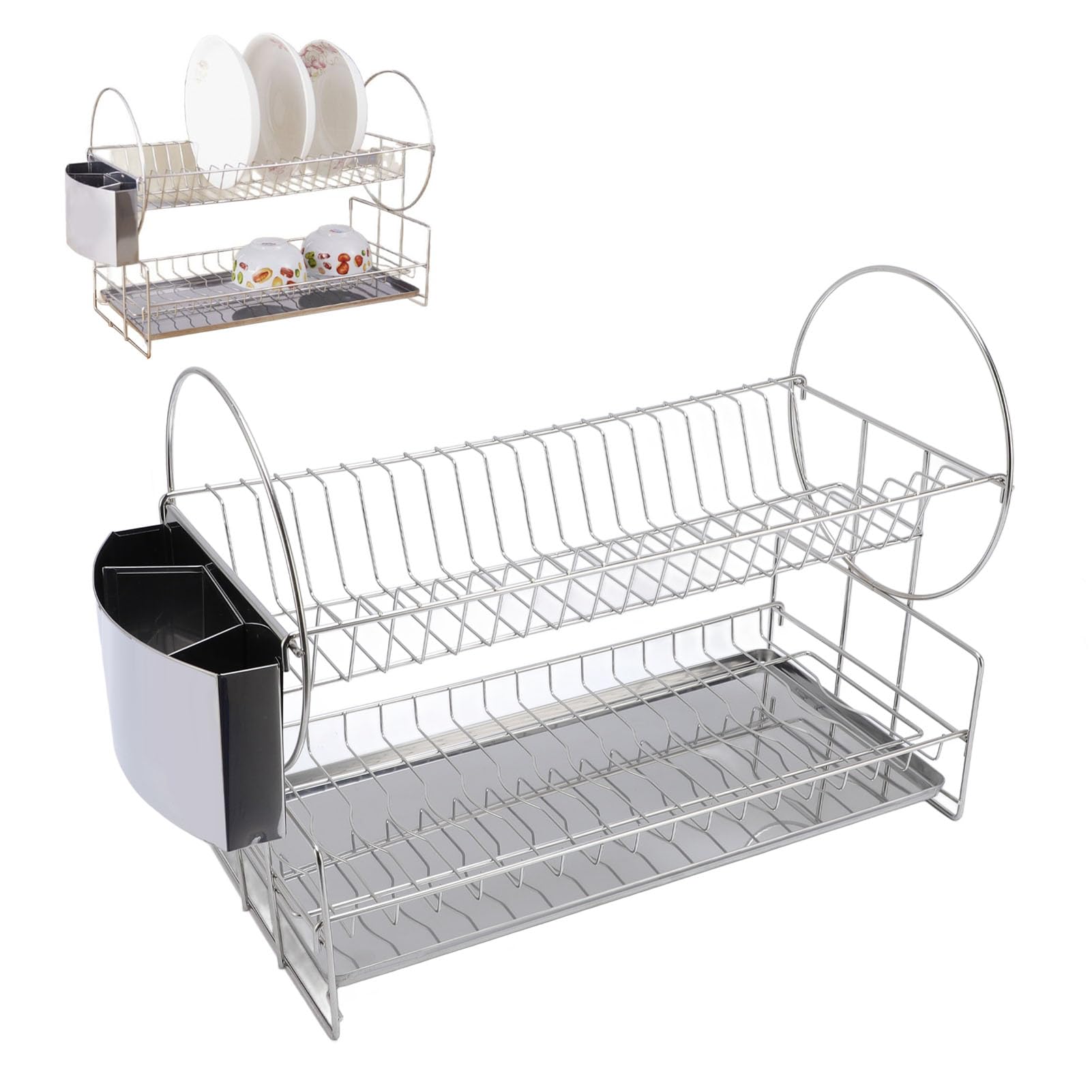 SaryEdge 2-Tier Stainless Steel Dish Drying Rack Multifunctional Dish Drainer with Drain Board & Utensil Holder Space-Saving Kitchen Counter & Rust-Resistant,