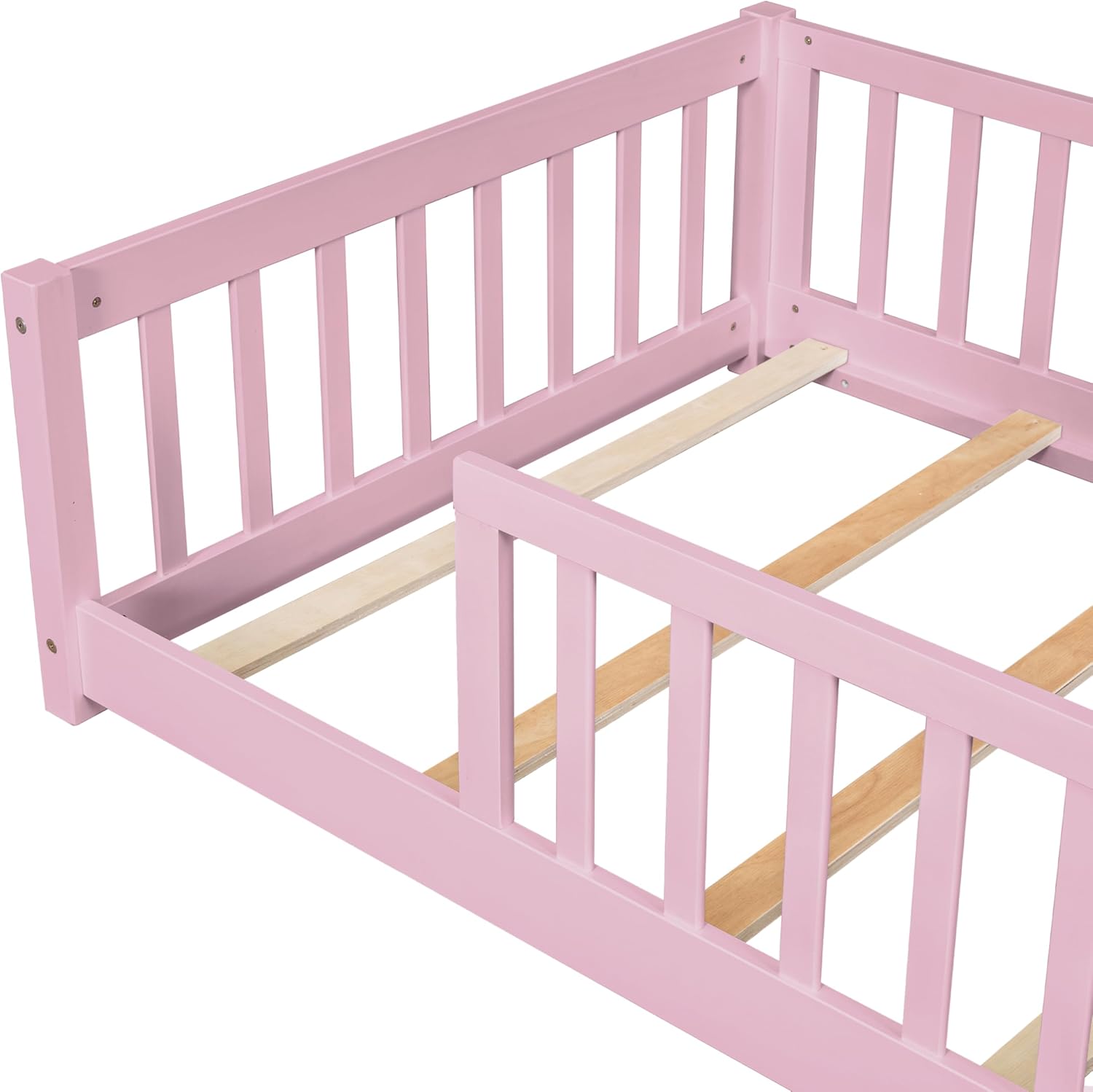 Twin Size Montessori Floor Bed with Wood Slats Support for Girls & Boys,Wood Montessori Bed Frame with Safety Guardrails & Close to The Floor for Kids,Pink