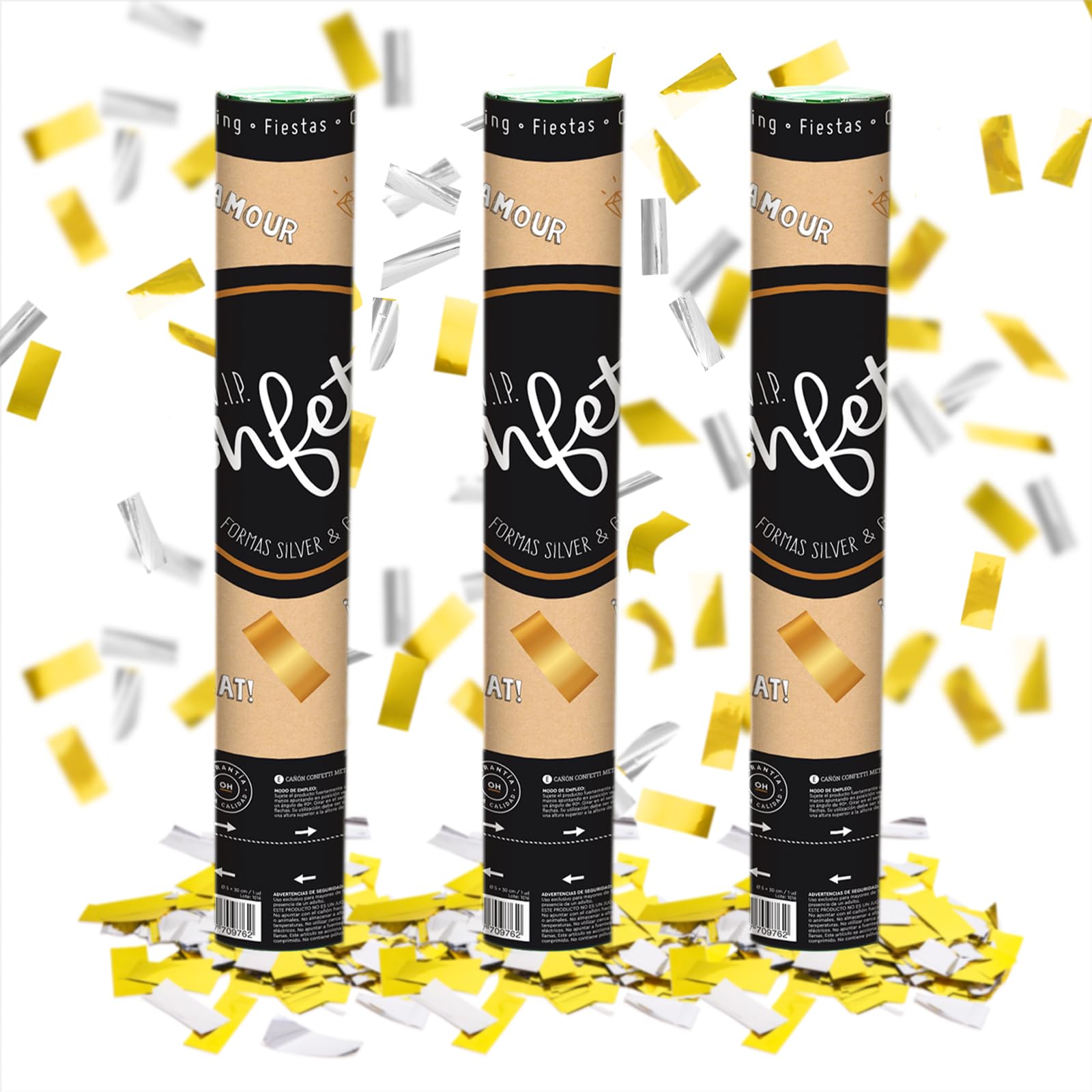 OH YEAH - 3 Uds Cañón Confeti Boda 30 cm - Cañones de Confeti Oro y Plata - Ideal para Bodas - Celebraciones - Decoración Eventos - Gran Potencia de Alcance - Para Interiores y Exteriores