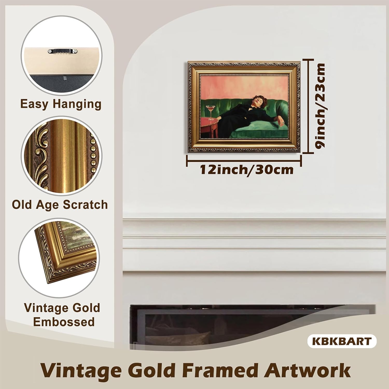 KBKBART Vintage Gold Framed Wall Art, Moody Wall Decor, Funky Victorian Woman on Couch with Martini Picture Canvas Paintings Artist for Bedroom Living Room Home Office Bathroom Decor 9x12Inch