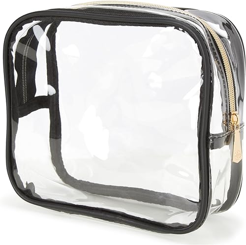 Miniatura 5 de NINE WEST Bolsa de maquillaje negra Organizador de cosméticos Esenciales de viaje Gancho colgante Patrón de celosía de cuero sintético ribete dorado