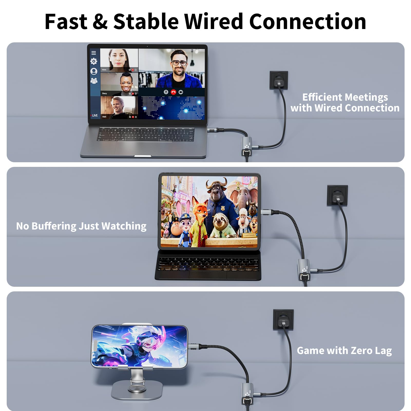 Adattatore Ethernet USB C 2 in 1 con Porta di Ricarica PD 100W, Gigabit 1Gbps, RJ45 a USB C Plug & Play per iPhone 17 16 15 MacBook iPad Laptop, Grigio