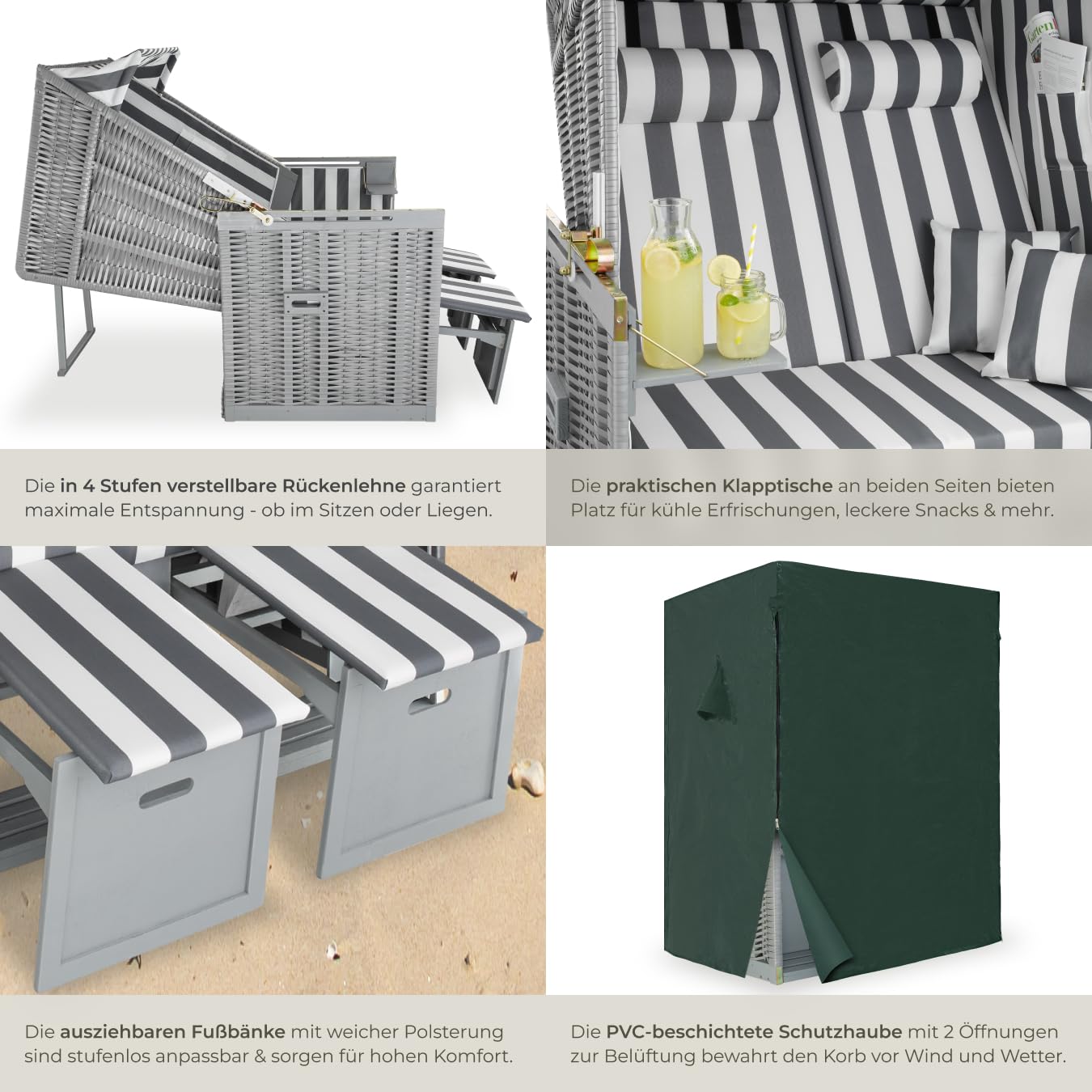 tectake® Strandkorb, Strandkorb Ostsee 2-Sitzer, verstellbare Rückenlehne, Volllieger mit Fußbänkchen und Seitentische, inkl. Schutzhülle & Kissen, Ideal für Balkon, Garten und Terrasse - grau/weiß