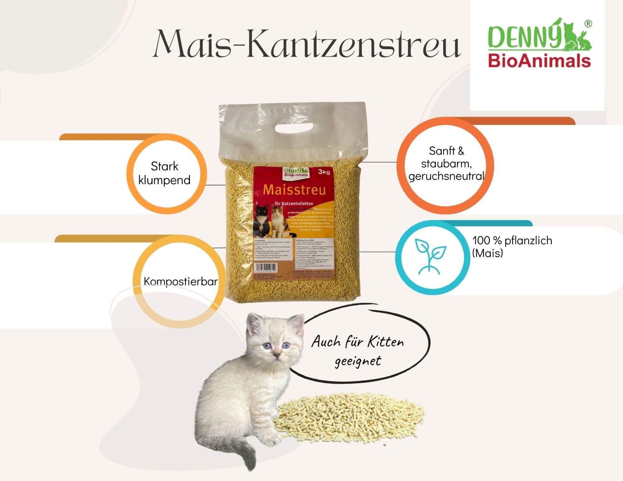 Klumpende Mais Katzenstreu 100% Pflanzlich & Biologisch Abbaubar – Extra Ergiebig & Geruchsbindend – Staubarm & sanft – Auch für Kitten Geeignet – 30 kg / 80 L