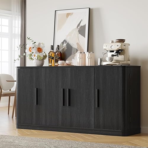 Miniatura 3 de ONBRILL Armario de buffet curvado con almacenamiento, aparador grande de 63 pulgadas con cuatro puertas y estantes, moderna mesa de café para