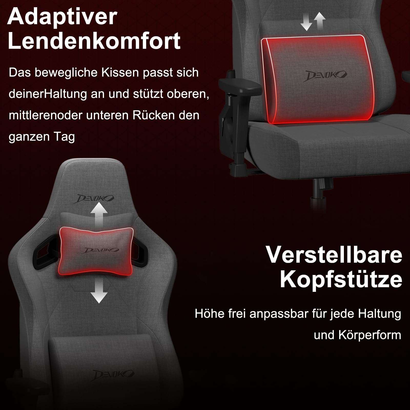 Devoko Ergonomischer Gaming Stuhl Stoff Atmungsaktiv mit Verstellbarer Rückenlehne, Höhenverstellbar, Kopf- & Lordosenstütze, Hochdichter Formschaum, Für Büro & Gaming, 180 kg Belastbar – Dunkelgrau