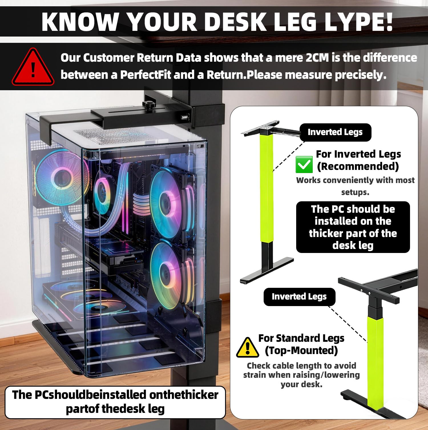 Supporto PC Sotto Scrivania,Capacità di Carico di 35 KG,Non è Necessaria Alcuna Foratura,Supporto PC Fisso,(Applicabile Solo a Gambe Del Tavolo da 65 mm × 45 mm),Con Tappetino Antiscivolo, Nero