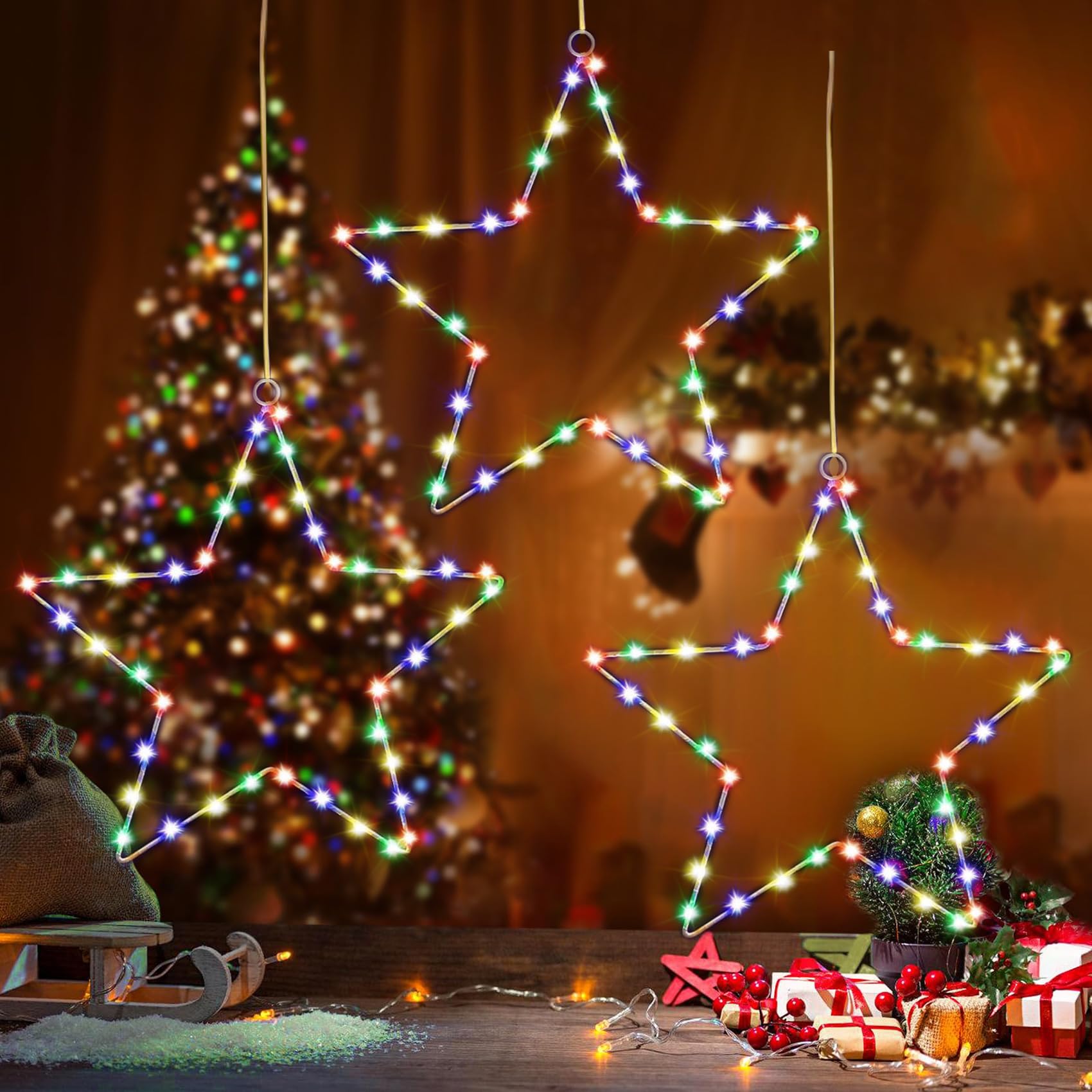 Cortina Luces Navidad,3PC Cortina de Luces Hierro con Estrella a Pilas150 LED Luces de Navidad a Pila,8 Modos,Temporizador, Colorido, Luces de Decoración para Interior Exterior Navidad