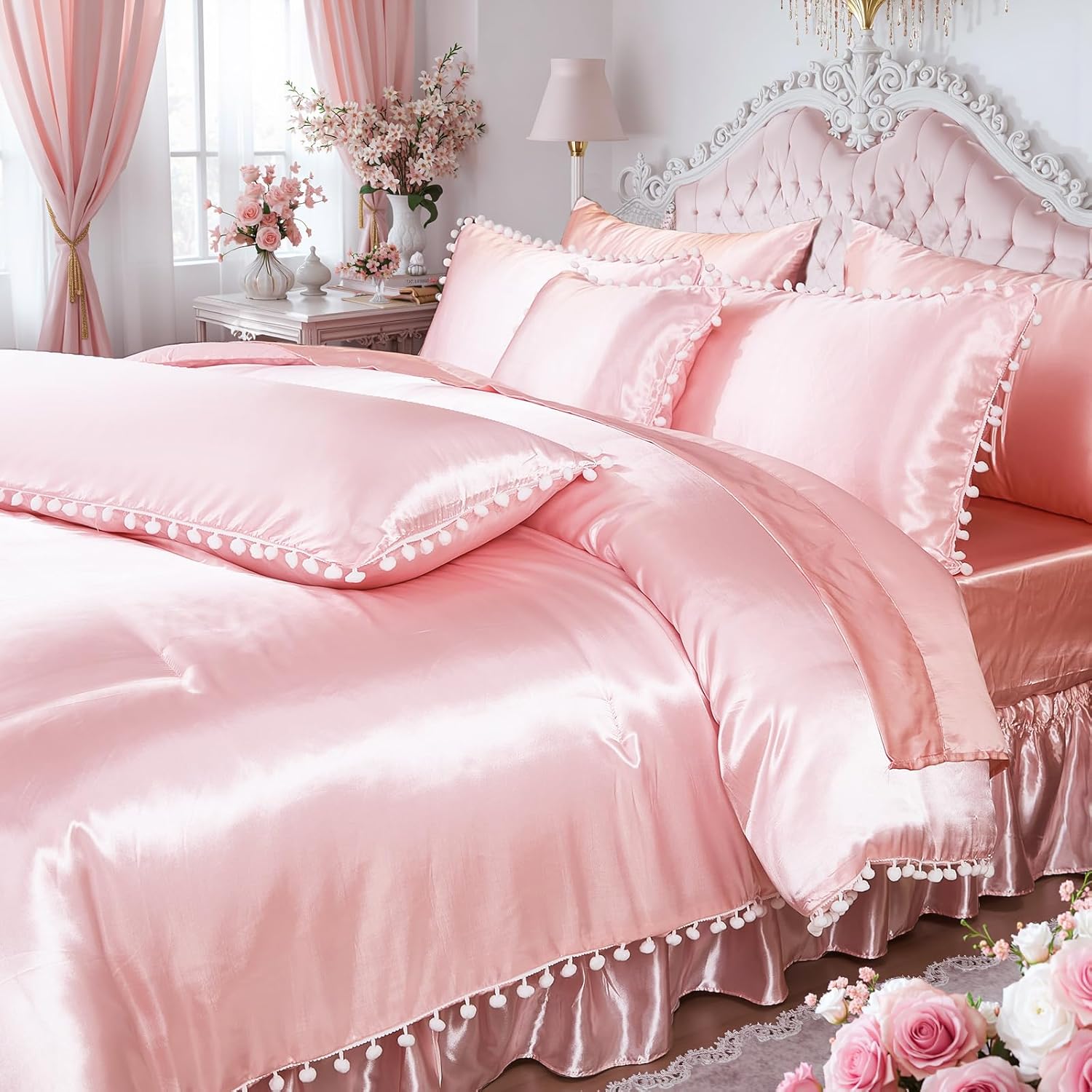 Bedorm Pink Satin Comforter Set 10 Pcs Silk Like Silky Bedding Set King Size White Pom Pom Aesthetic Comforter Queen Bed in A Bag with Comforter & Sheet Set & Pillowcase & Bed Skirt