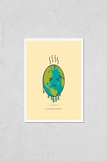 HardPress Wall Art Poster Print of Stop Global Warming. Cartoon Character of Planet Earth on Yellow Background Illustration.