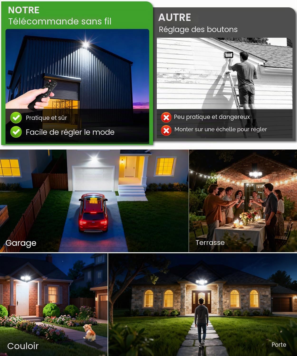 MEIHUA Projecteur Led Exterieur Detecteur Mouvement 100W 9600LM Aluminium | Eclairage Exterieur Avec Detecteur Blanc Froid Spot Led Extérieur Avec Détecteur 4 Modes Minuterie Étanche IP66 Pour Garage