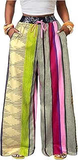 Women's Striped Wide Leg Pants Colorful Double Waisted Boho Loose Flowy ...