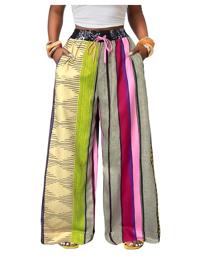 GORGLITTER Womens Striped Wide Leg Pants Colorful Double Waisted Boho Loose Flowy Palazzo Trousers