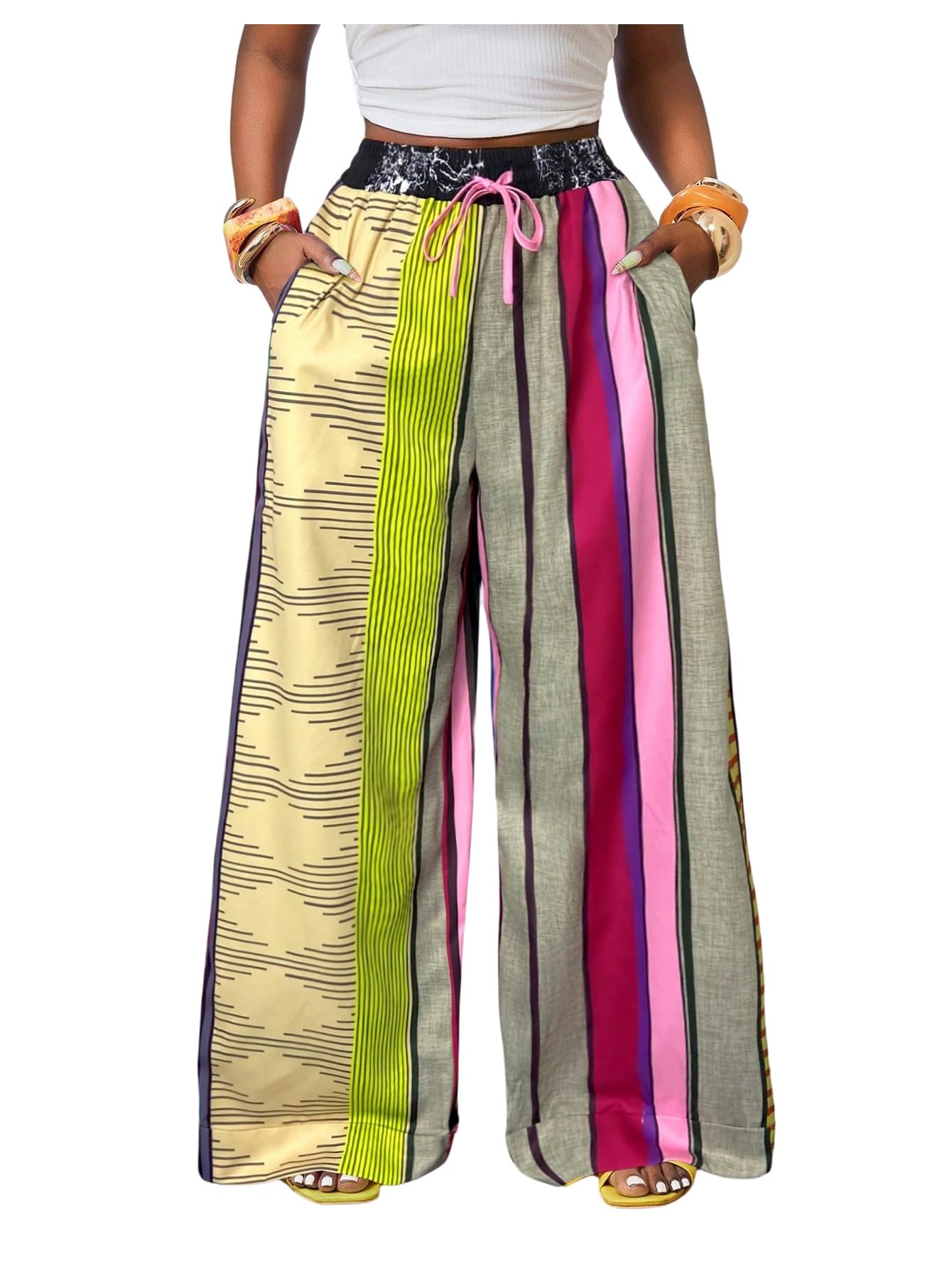 Women's Striped Wide Leg Pants Colorful Double Waisted Boho Loose Flowy Palazzo Trousers