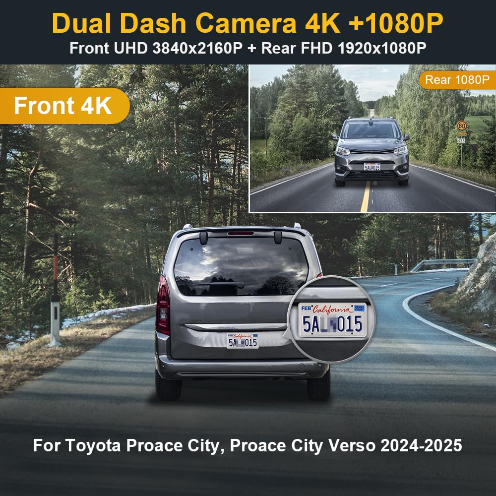 Fitcamx Dash cam Anteriore 2160P+Posteriore 1080P Adatto per Toyota Proace City, Proace City Verso 2024 2025 (HD2-D6700), OEM, Doppio Video HD Wifi, G-Sensor, Registrazione Loop, WDR, Scheda da 128GB
