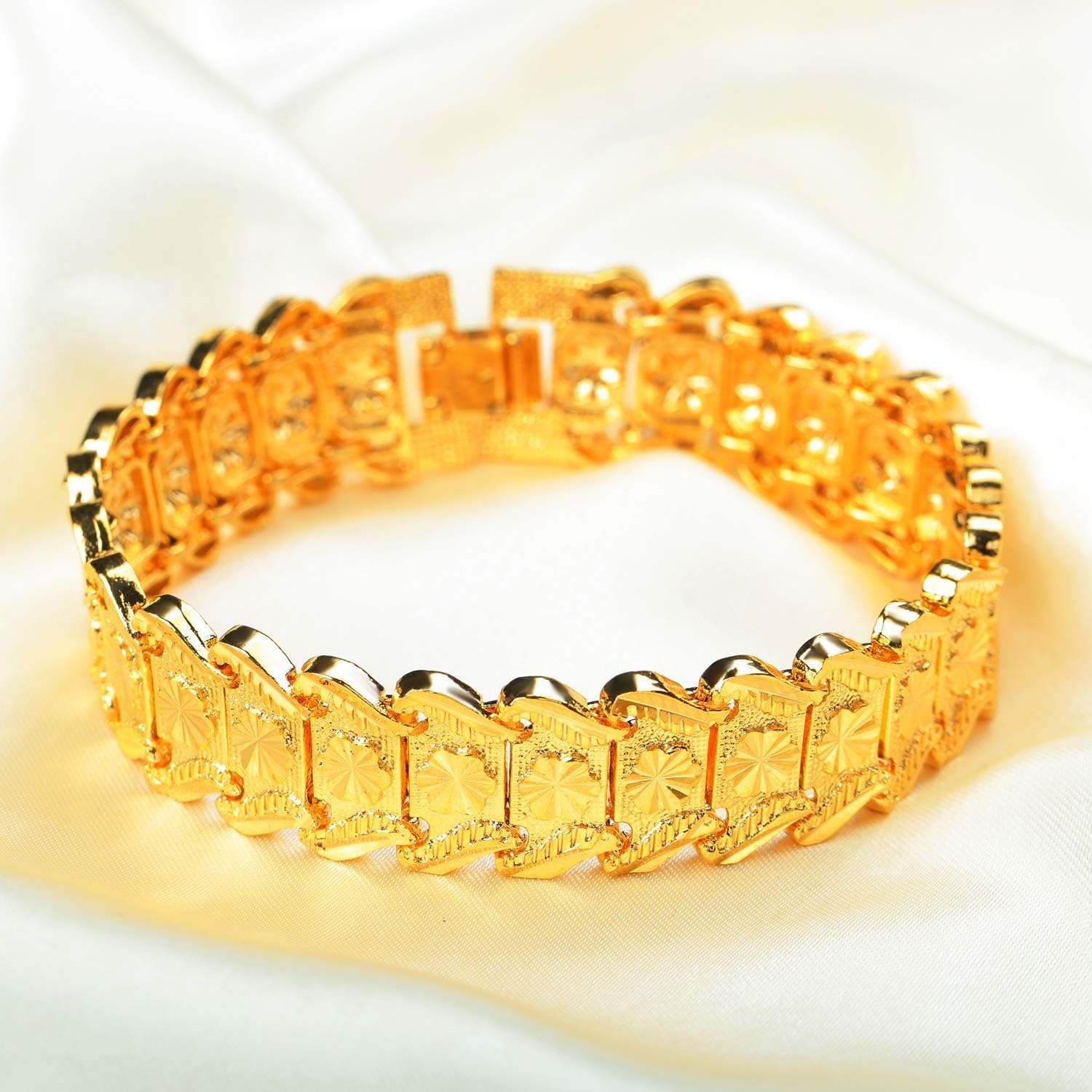 Men's 18K Gold Plated Link Bracelet Carving Wrist Chain Wide Bangle Noble Jewelry