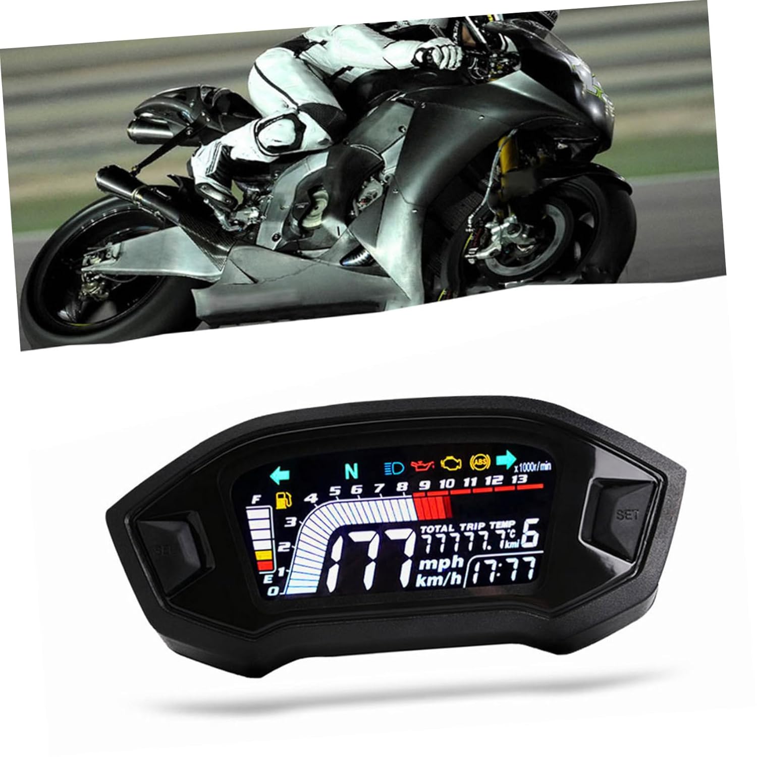 CHILDWEET LCD Motorcycle Speedometer Level and Water Temperature Display Full Digital Tachometer for All Motorcycle Models Material Easy to Install Night Visibility