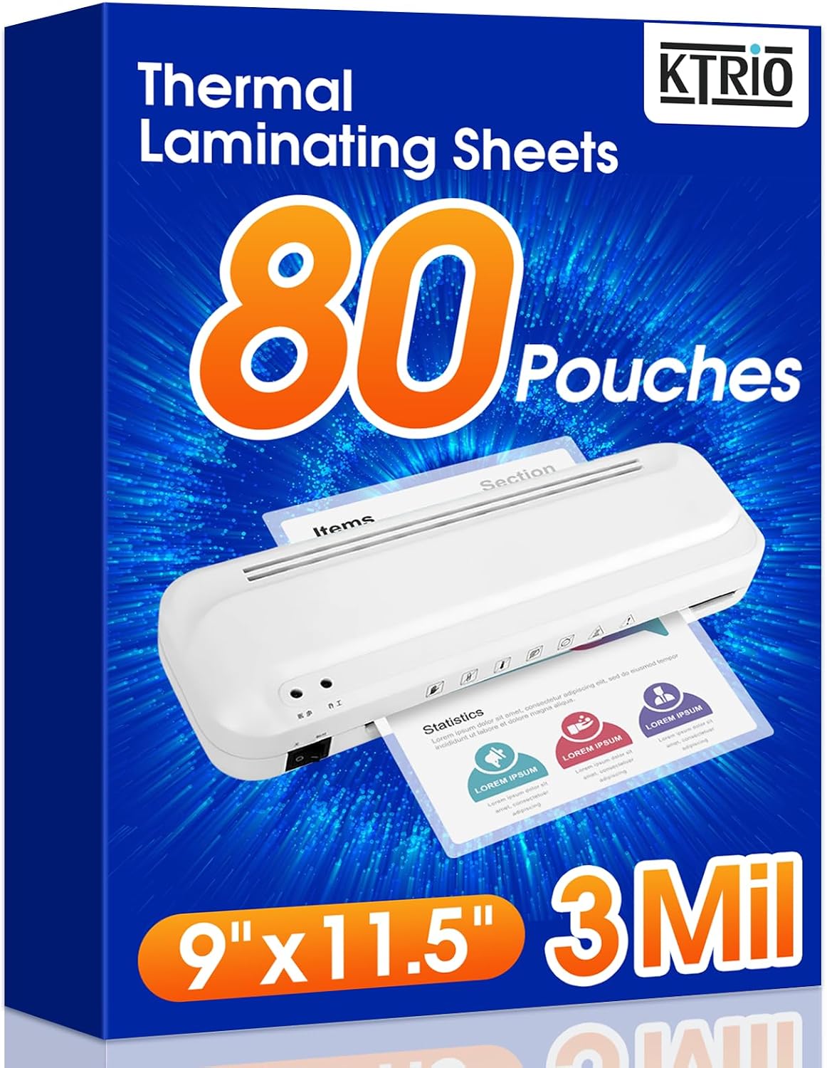 KTRIO 80 Pack Laminating Sheets 3 Mil, Hold 8.5 x 11 inch Documents, Menus | Actual 9 x 11.5” Thermal Laminating Pouches, Clear Laminate Sheets for Laminator, Letter Size Lamination Paper, Office School