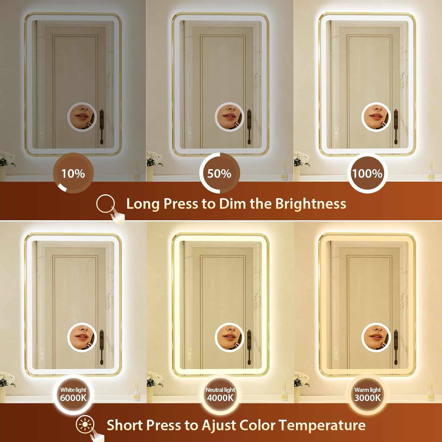 24x36 Inch Gold Framed LED Bathroom Mirror with Lights,Magnifying Tempered Glass,Dimmable Lighted Bathroom Vanity Mirror with 3 Colors, Backlit + Frontlit, Anti-Fog