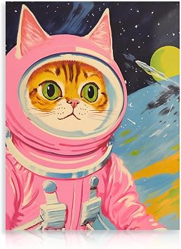 Dazzlewall Funny Cat Astronaut Posters Cat in Space Canvas Print Cute Pink Wall Art Colorful Kids and Nursery Art for Girls Bedroom 12x16 in Unframed