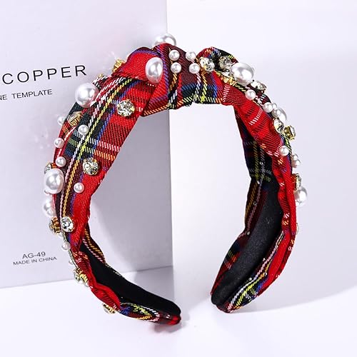 Miniatura 3 de Diadema de Navidad para mujer, con perlas blancas y diamantes de imitación de cristal, diadema con nudo superior ancho, decoración de disfraces