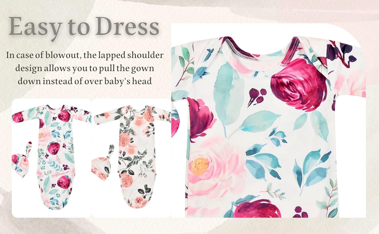 Newborn Baby Sleeper Gown - Knotted Nightgown Coming Home Outfits for Baby Girl - 2-Piece Set With Hat - Image 4