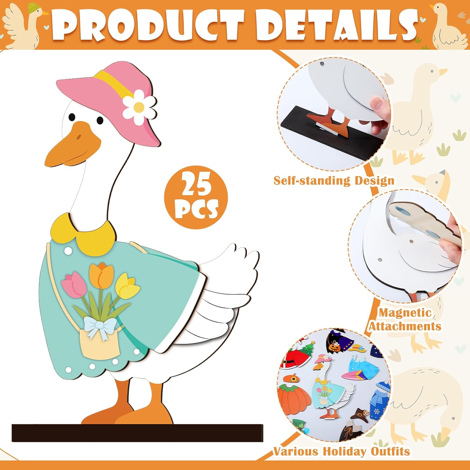 Pinkunn 25 Pcs Interchangeable Desk Goose Sign Seasonal Decor Wooden Pumpkin Goose with Holiday Outfits Magnet Dress up Accessories Fall Tiered Tray Decoration Home Office Classroom Gift