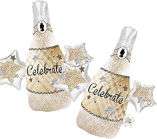 2Pcs Celebrate Champagne Balloons, Big Size Champagne Stars Glitter Aluminum Foil Balloons for Birthday Bachelor Wedding Graduation Party, 83x94 CM