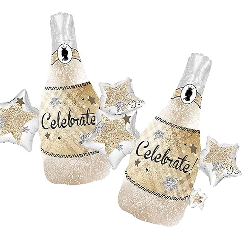 2Pcs Celebrate Champagne Balloons, Big Size Champagne Stars Glitter Aluminum