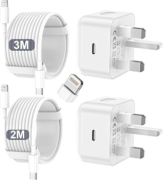 iPhone Charger Fast Charge PD Fast Charging for Apple Charger UK USB C Plug With 2M&3M iPhone Fast Charger Cable [ MFi Certified] Lightning Cable for iPhone 14 13 12 11 Pro Max, iPad White, 2Packs