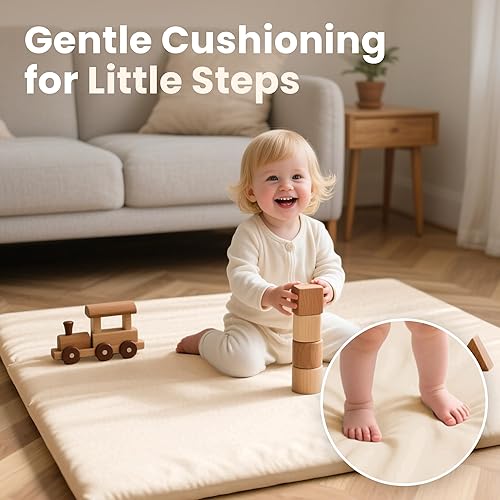 Miniatura 7 de Tapete de juego para bebé de 50 x 50 pulgadas, acolchado impermeable de 1.3 pulgadas de grosor, tapete para corral de juegos con cuero vegano,