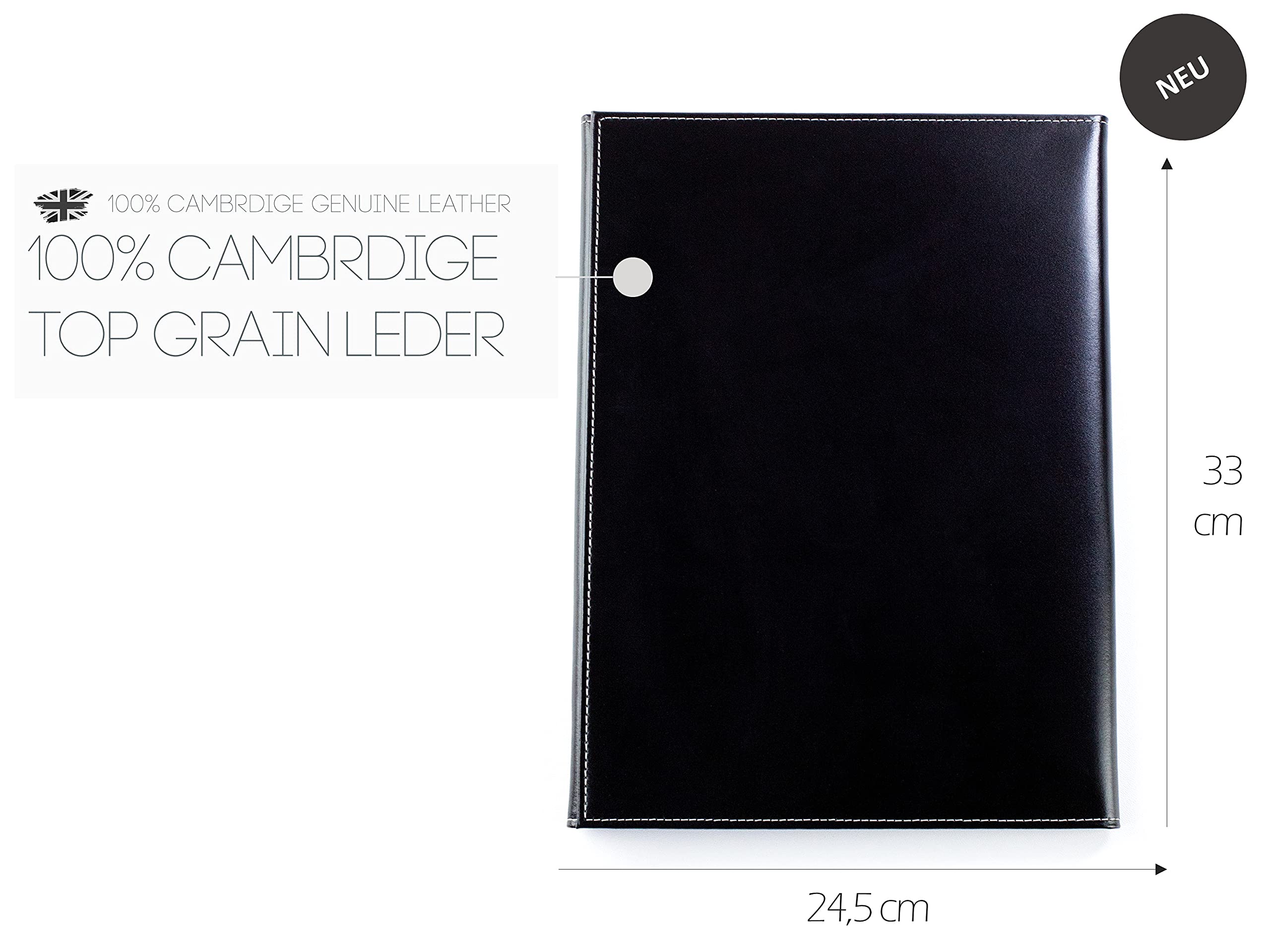 DELMON VARONE - Kanzlei- & Vertragsmappe mit 3 Fächer DIN A4 Cambridge Top Grain Leder Schwarz - Echtleder Zeugnis-Mappe personalisiert - Dokumenten-Mappe zum Abheften von Verträgen, Urkunden & Akten