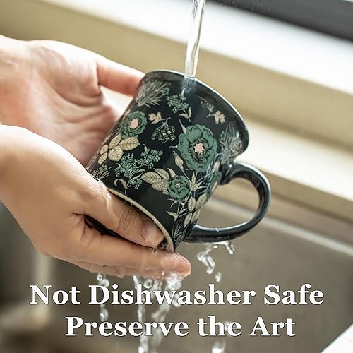 Miniatura 4 de Juego de 4 tazas de café de cerámica de 12 onzas con diseño floral, lavar a mano, microondas, caja de regalo, perfectas para capuchino, café con