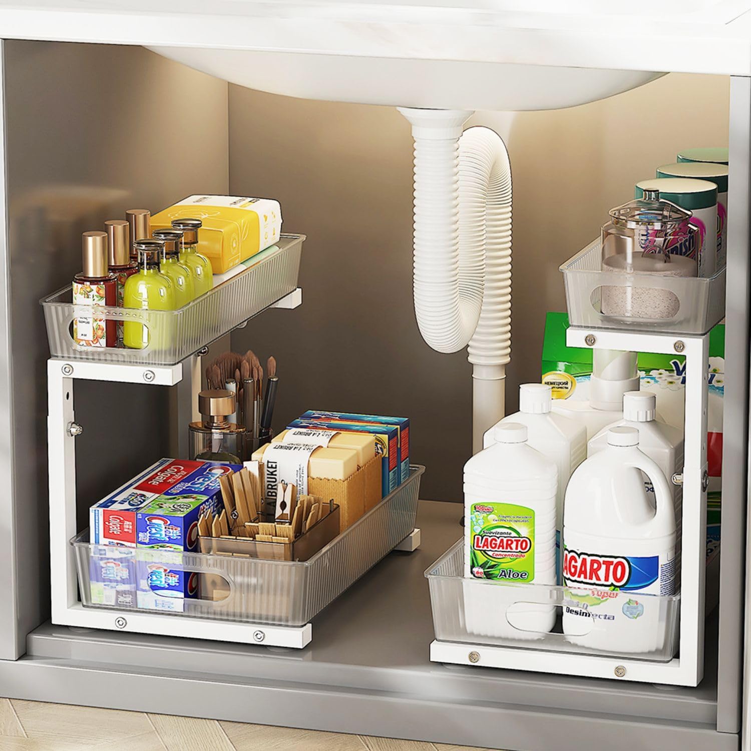 Bathroom Organizers and Storage, 2 Pack Under Sink Organizer for Kitchen Bathroom Laundry Room, Adjustable Height 2 Tier Slide Pull out Cabinet Organizer Shelf