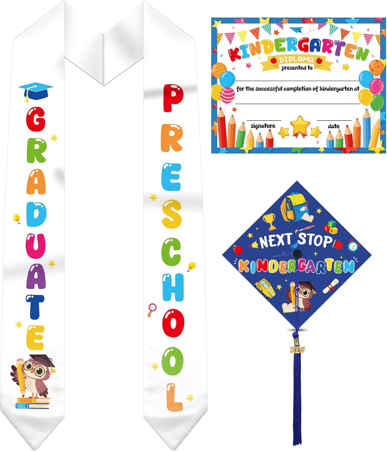 Kindergarten Preshool Graduation Cap and Sash Set - Unisex Grad Caps and Stole with Tassel, Certificate for Kids