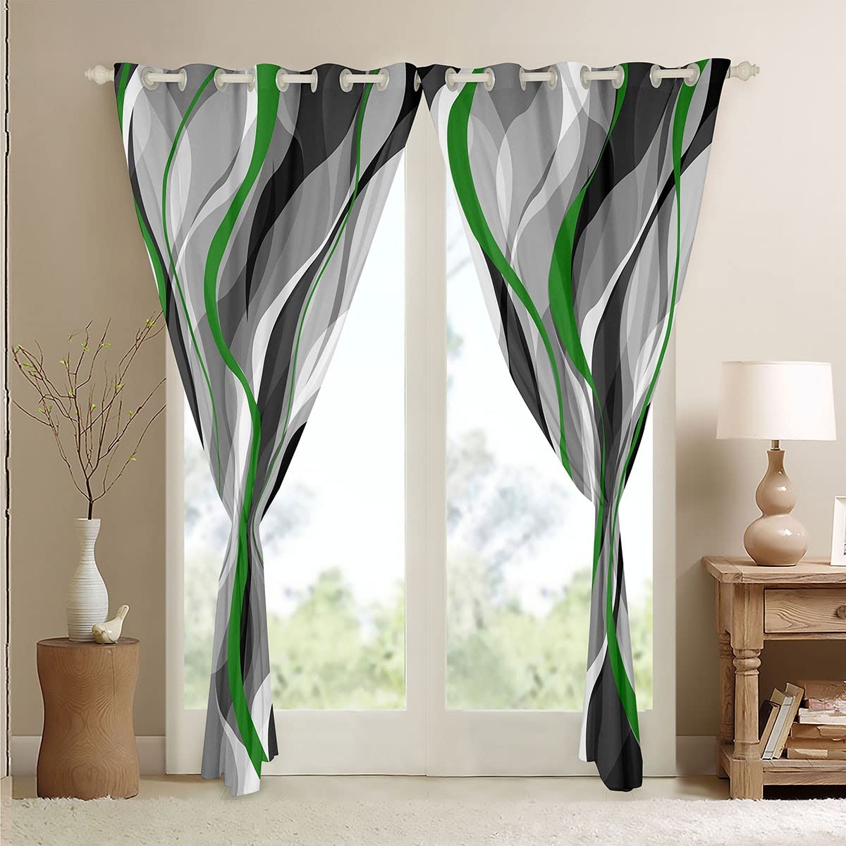 Loussiesd Green Grey Black Stripes Curtains for Bedroom Living Room Kids Geometric Blackout CurtainsDreapes Modern Striped Art Abstract Art Window Treatments W66*L72 - Image 4