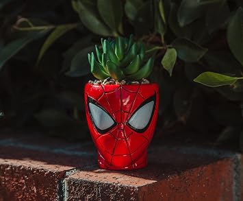 Toynk Marvel Comics Spider-Man Web-Head 3-Inch Ceramic Mini Planter with Artificial Succulent | Small Flower Pot, Faux Indoor Plants