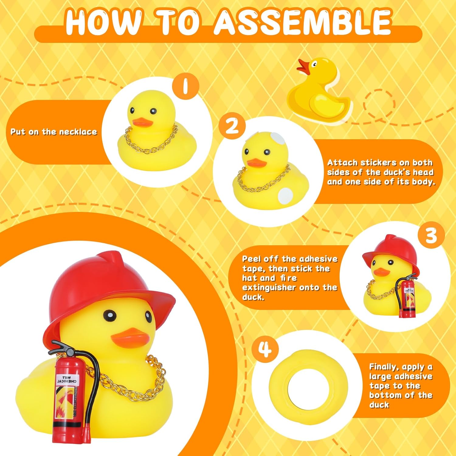 2 Pack Firefighter Rubber Duck Car Dashboard Decor with Fire Helmet, Gold Necklace & Fire Extinguisher, Squeaky Sound DIY Ornament for Auto Interior, Home Office Decoration