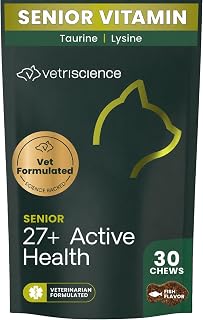 VetriScience Senior 27+ Active Health Chews for Senior Cats, Fish, 30 Count | Nu Cat Daily Multivitamin for Senior Cats, Balanced Vitamins, Minerals & Antioxidants, Healthy Aging & Wellness Support