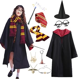 Magic Wizarding World Costumes 10 pcs, Magic Hooded Cape,Halloween Costume with Tie Scarf Wand Glasses hat and Jewelry Set