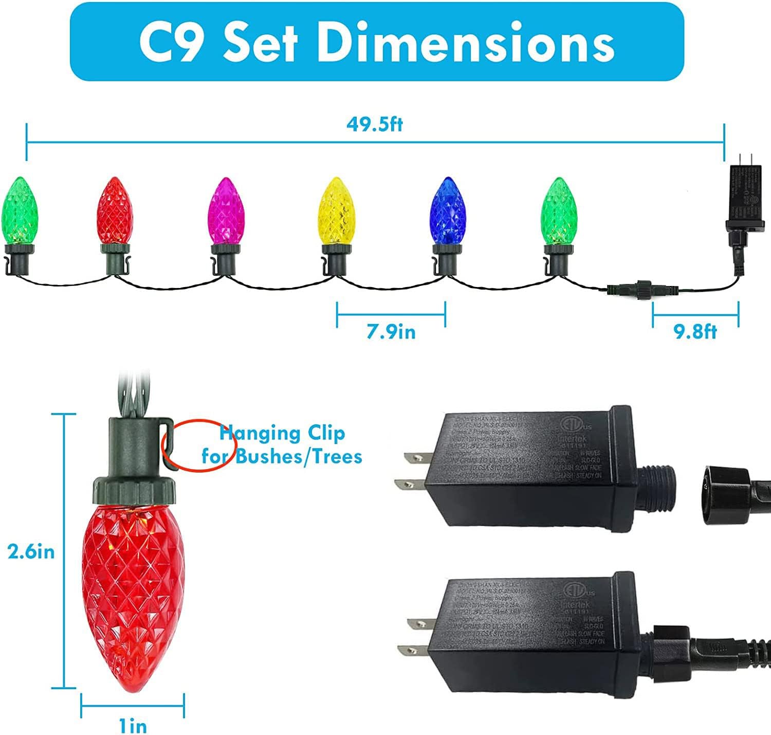 OZS- 50 LED 49ft Extendable C9 LED Christmas String Lights Outdoor, Super Bright C9 Christmas Tree Lights for Christmas Decoration (Multicolor)