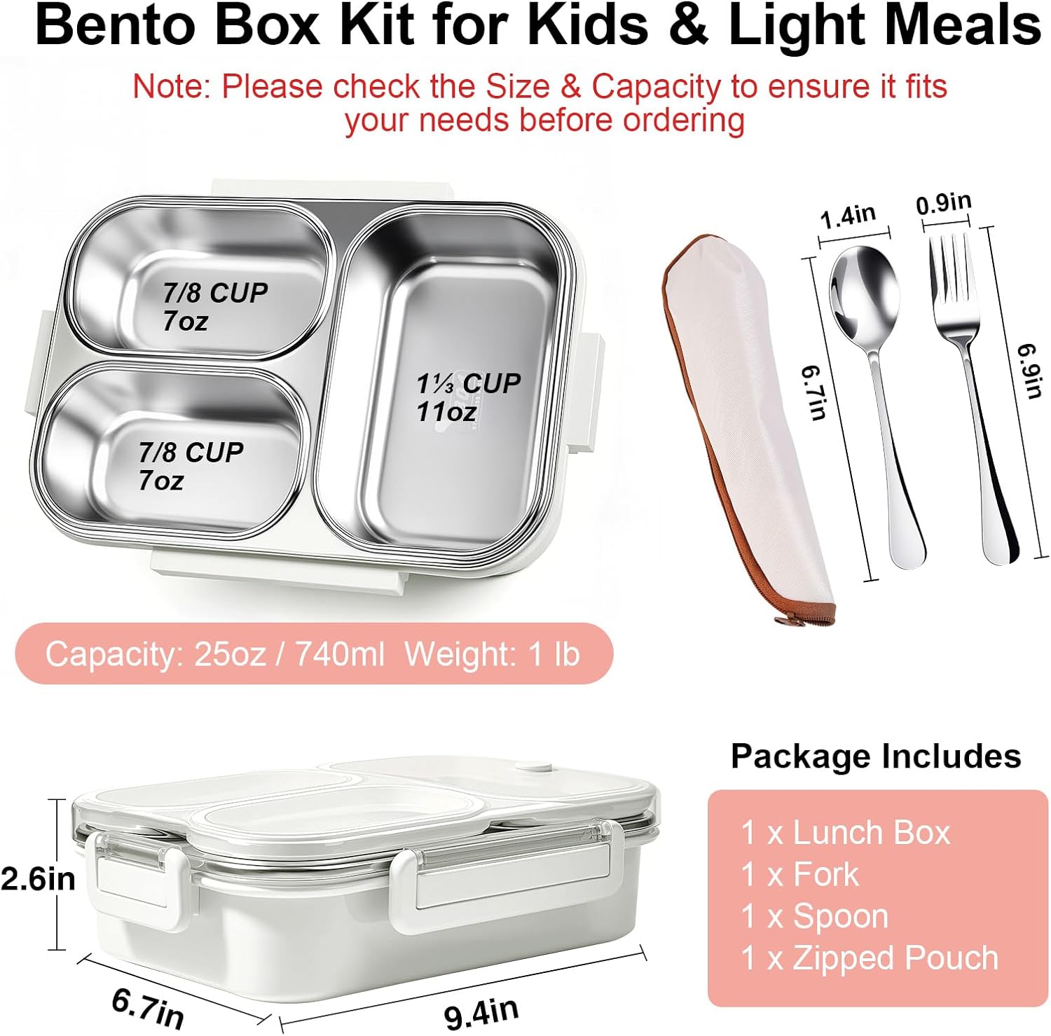 25oz 18/8 Stainless Steel Lunch Box Kit (Bento Box + Fork/Spoon) - 3 Leakproof Compartments - Metal Snack Box for Kids & Adults - School/Office/Travel - Dishwasher Safe (White) image 3