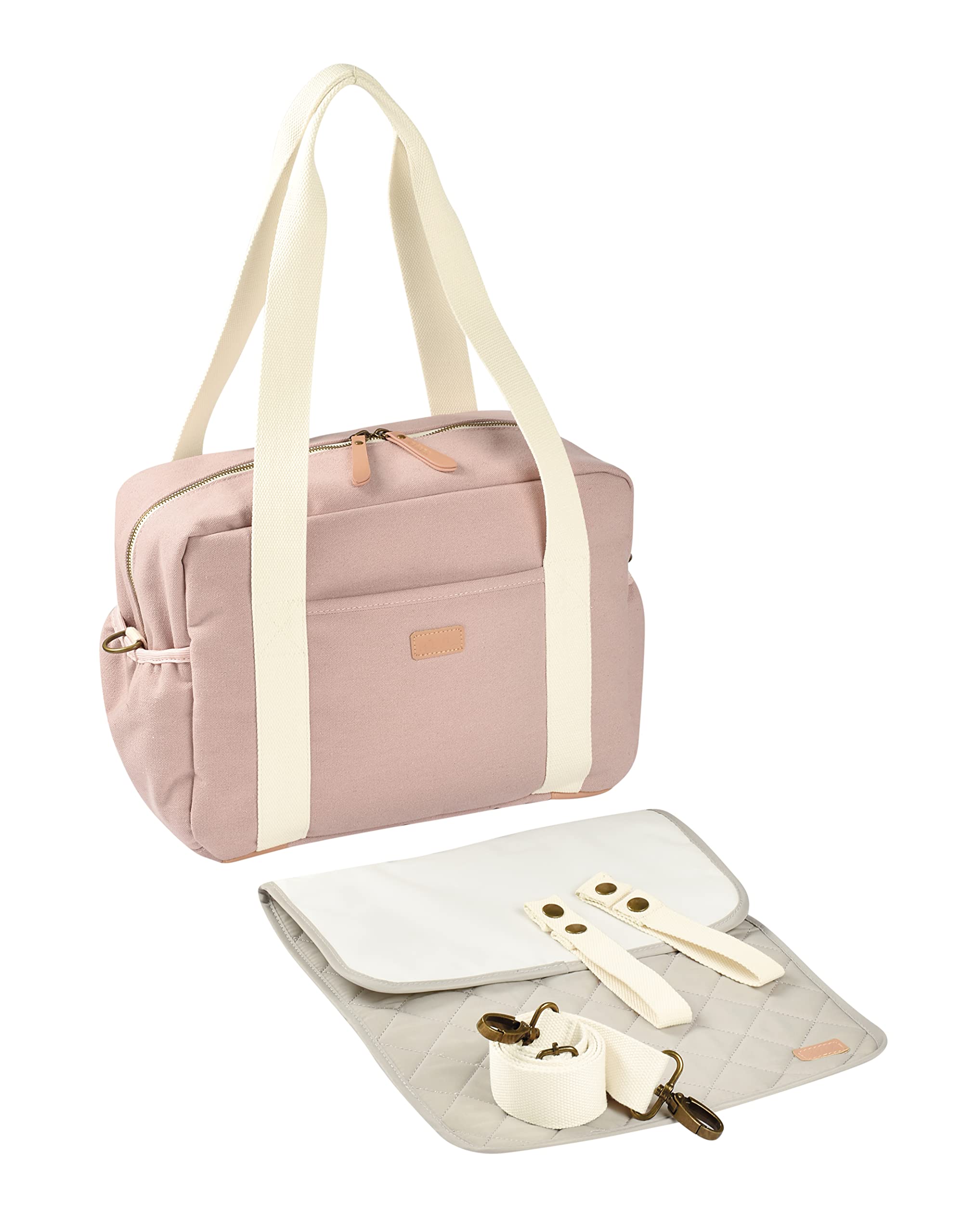 BÉABA, Sac à Langer pour Bébé, Multiples Compartiments, 10 poches, Glissière trolley-valises, Bandoulière, Pochette isotherme, Matelas , Déperlant, Contenance 16L, Paris, Rose Poudré
